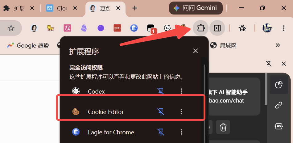 Cookie Editor 插件位置